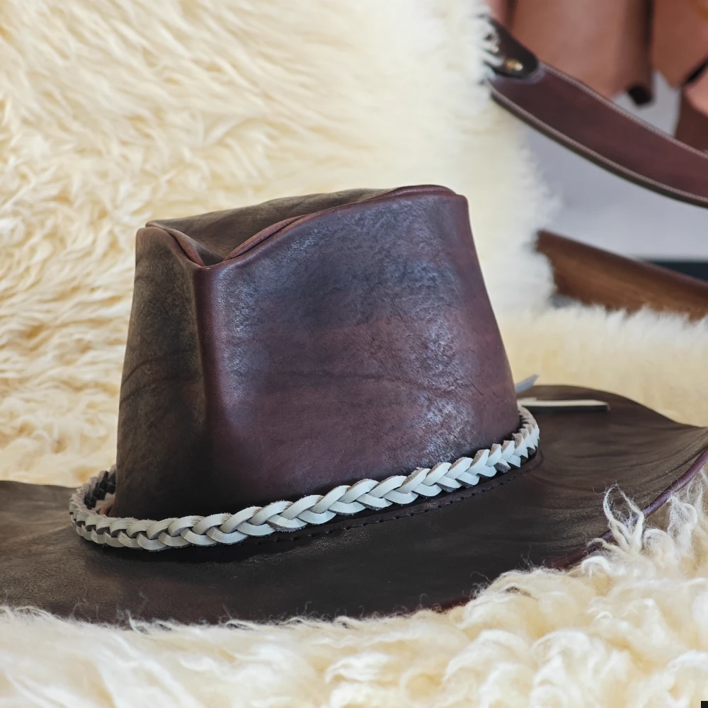 Hand-Stitched Bison Leather Cowboy Hat – Natural Grain, Artisan Crafted