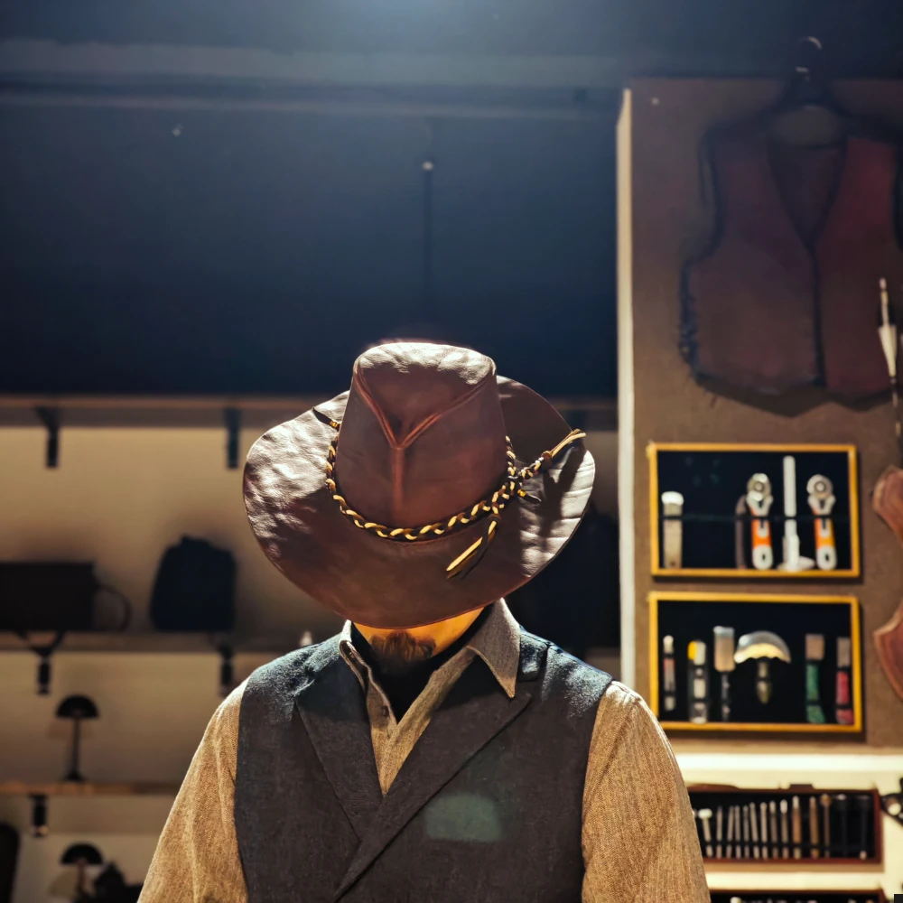 Hand-Stitched Bison Leather Cowboy Hat – Natural Grain, Artisan Crafted