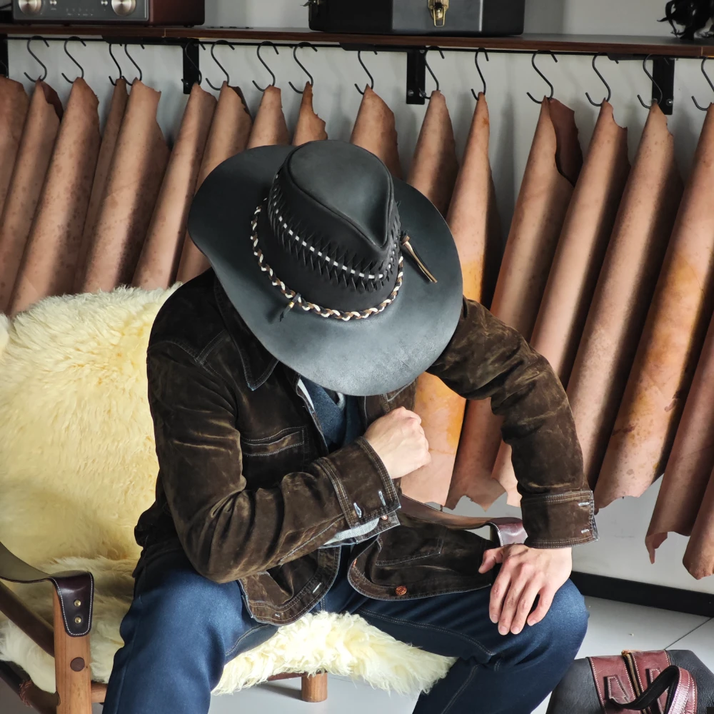 Customizable hand sewn and handknitting leather hat | cowboy hat | special gift for cowboys and cowgirls | specail party hat