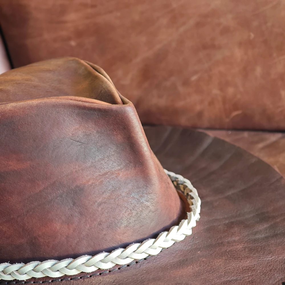 Hand-Stitched Bison Leather Cowboy Hat – Natural Grain, Artisan Crafted
