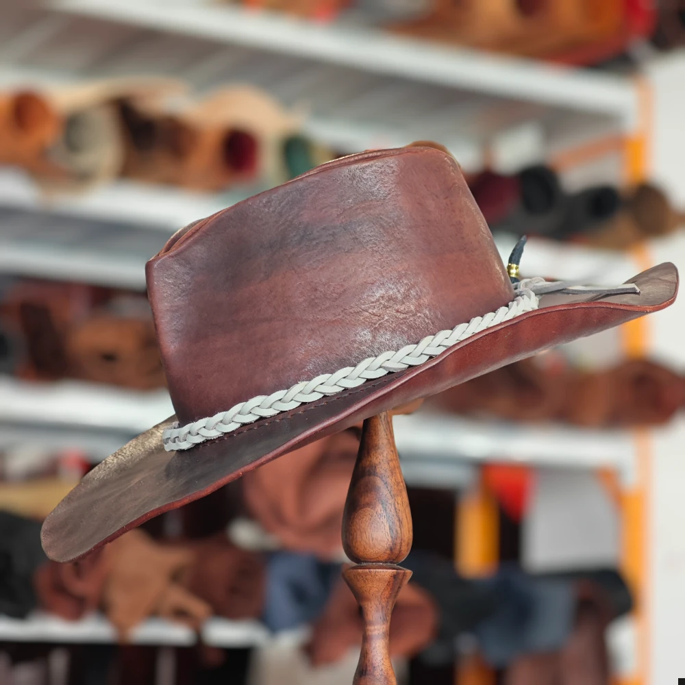 Hand-Stitched Bison Leather Cowboy Hat – Natural Grain, Artisan Crafted