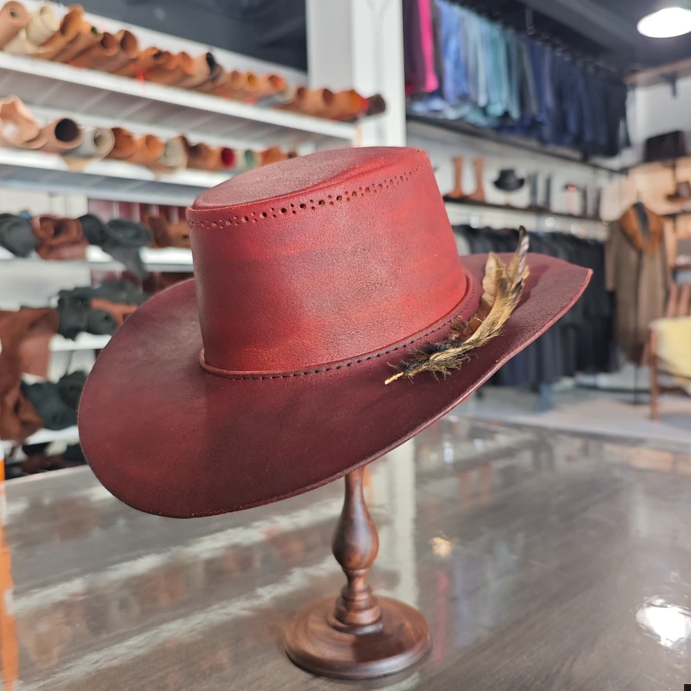 Artisan Crafted Red Gambler Hat – One-of-a-Kind Western Elegance