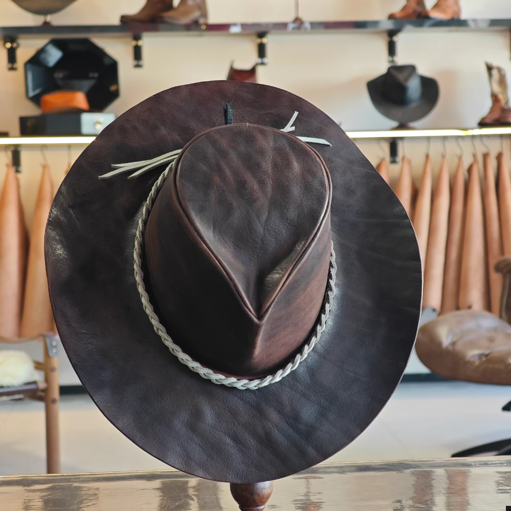 Hand-Stitched Bison Leather Cowboy Hat – Natural Grain, Artisan Crafted