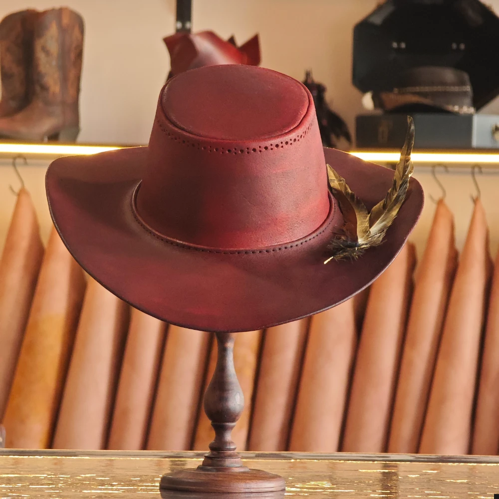Artisan Crafted Red Gambler Hat – One-of-a-Kind Western Elegance