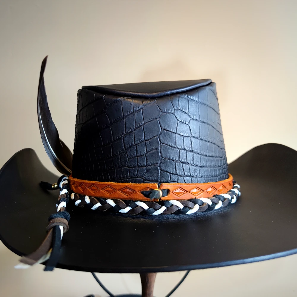 Handmade Cowboy Hat in Alligator Leather, Unique Square Patterned Belly Band｜Ideal for Western Style Lovers