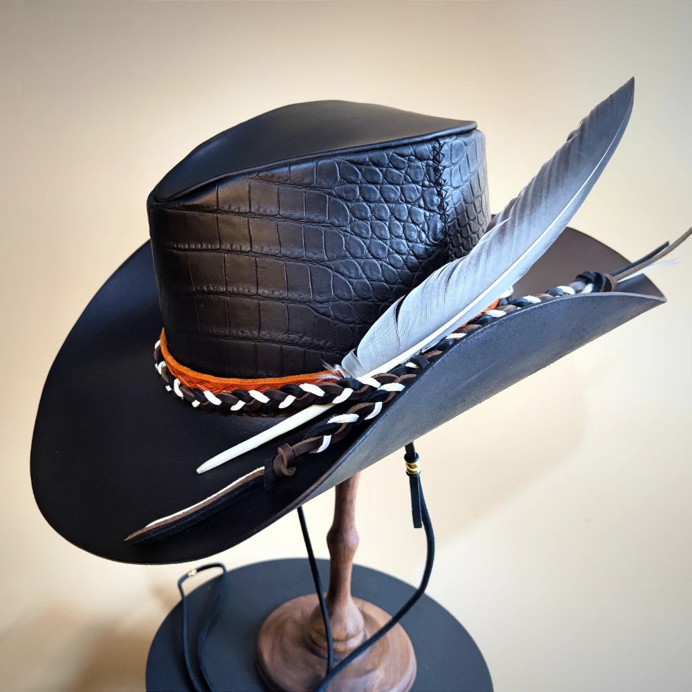 Handmade Cowboy Hat in Alligator Leather, Unique Square Patterned Belly Band｜Ideal for Western Style Lovers